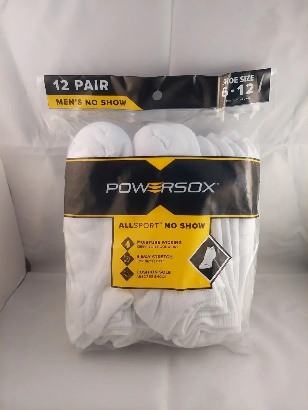 Men's Powersox All Sport Moisture Wicking No Show Socks 12 Pair White Large 6-12